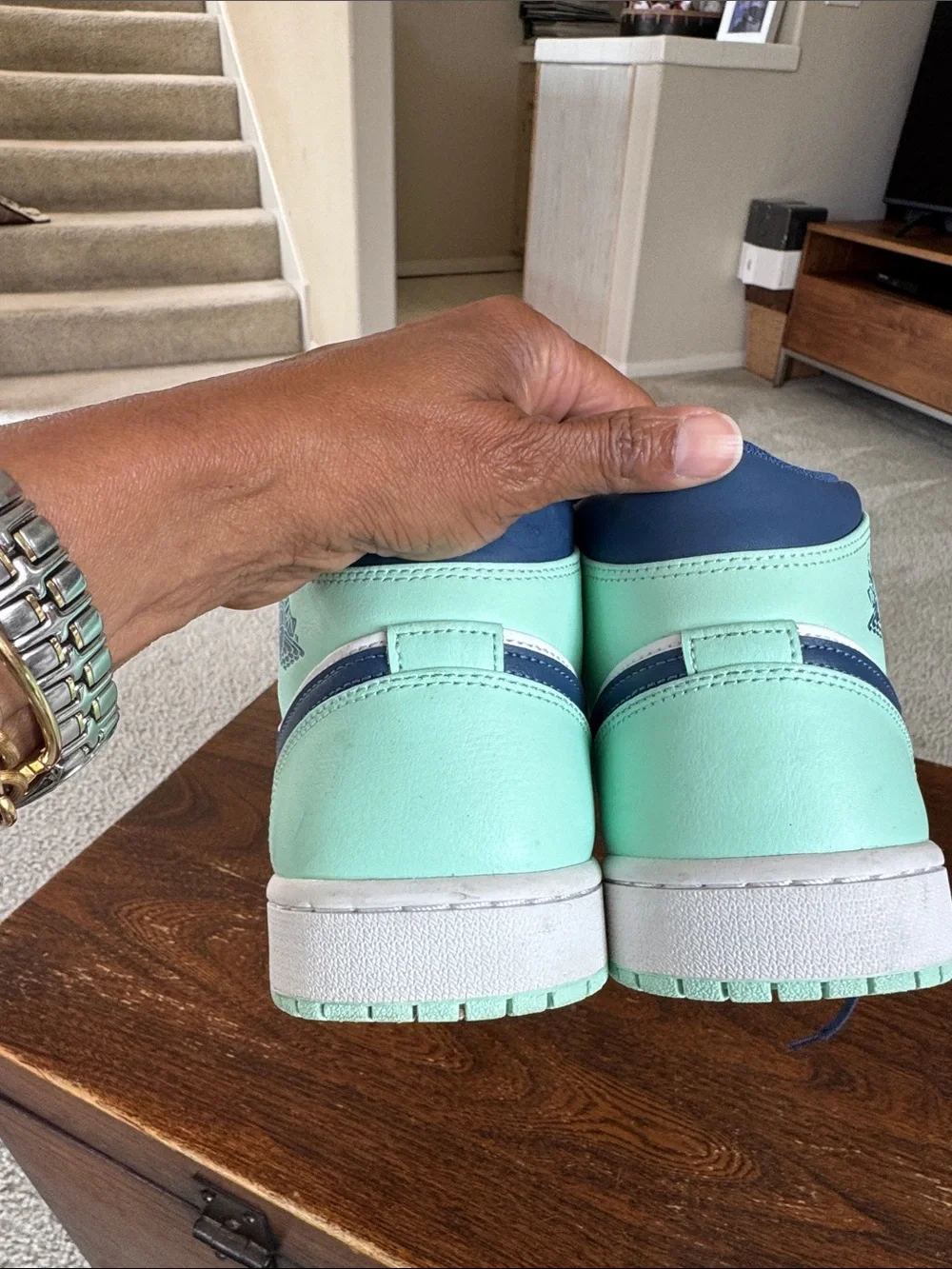 Air Jordan Mid Top Sneakers in Navy, White & Light Green